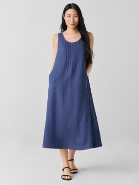 Eileen Fisher Pintuck Organic Linen Scoop Neck Dress Petite Medium